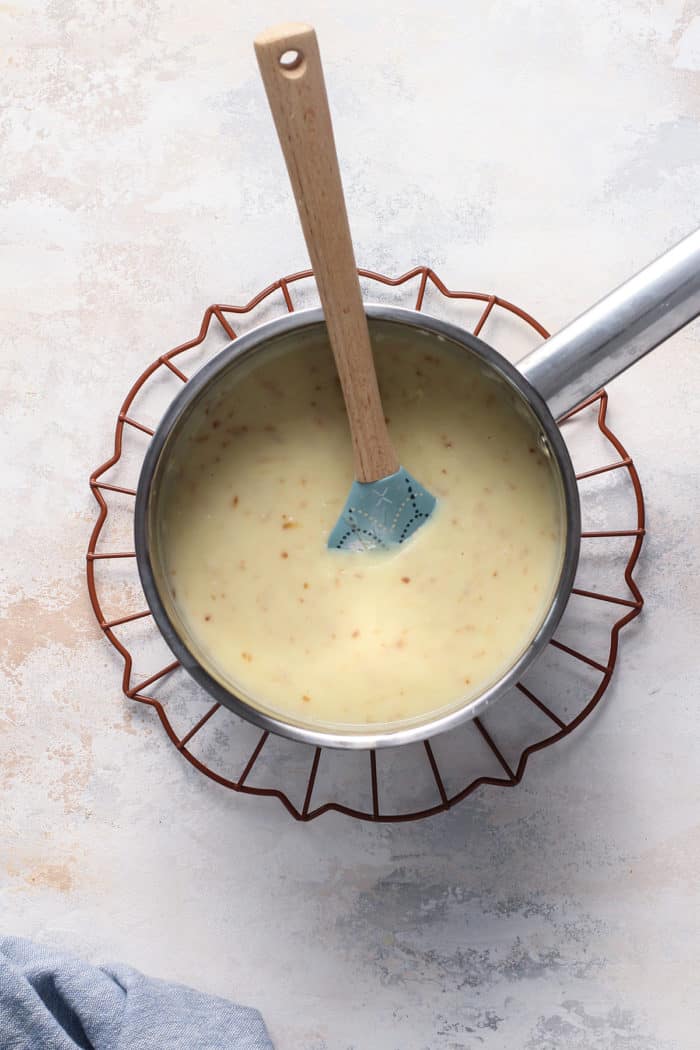 Cooked filling for coconut cream pie in a saucepan