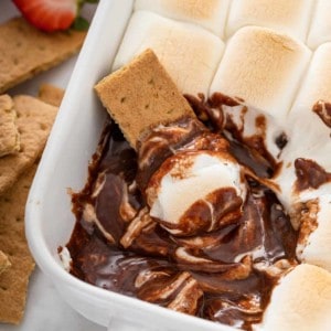 Graham cracker set into a pan of s'mores dip