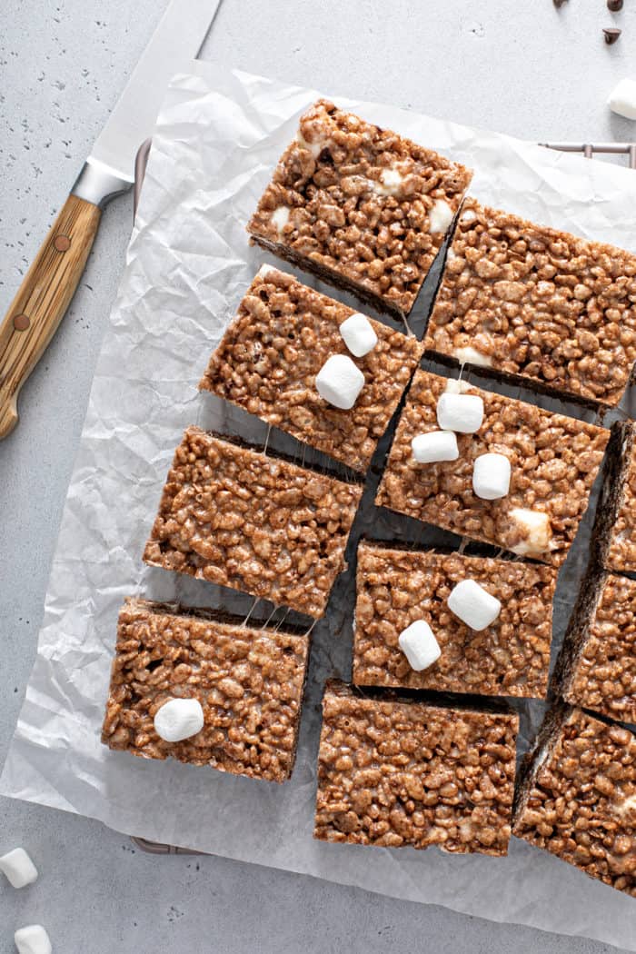 Overhead view of sliced chocolate rice krispie treats