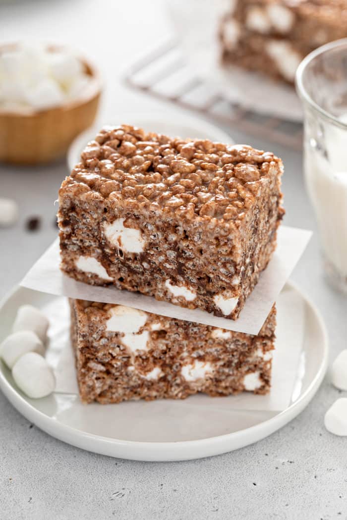 Two chocolate rice krispie treats stacked on a white plate