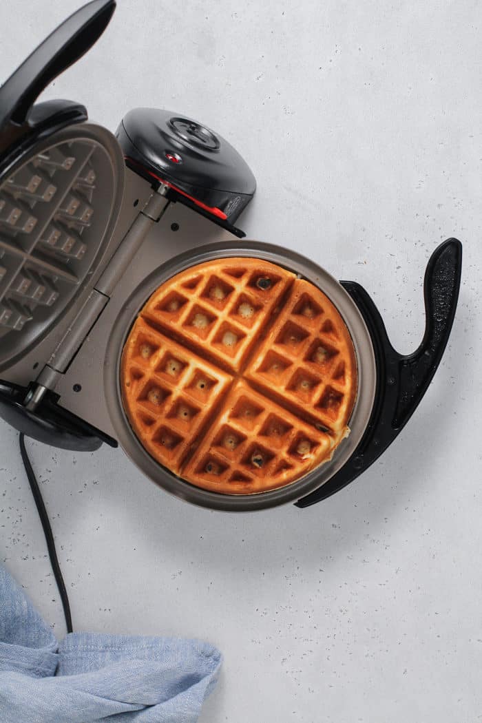 Cooked bisquick waffle in a waffle maker
