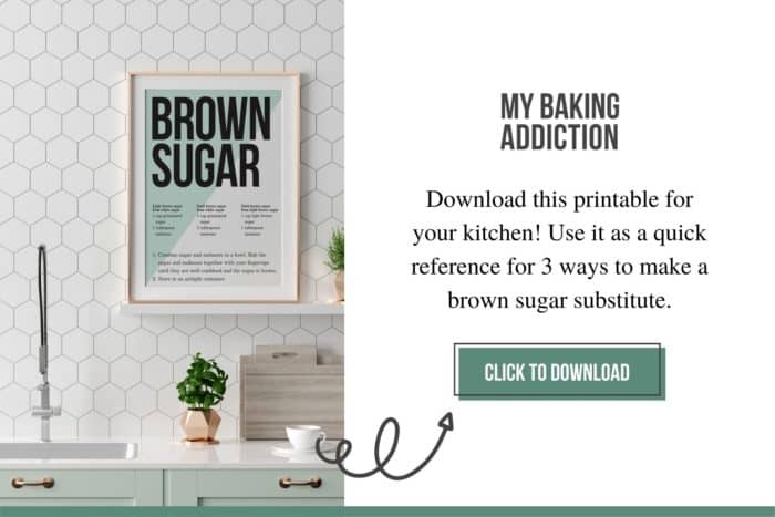 Graphic showing a printable for brown sugar substitutes framed in a kitchen next to the words: Download this printable for your kitchen! Use it as a quick reference for 3 ways to make a brown sugar substitute. Click to download!