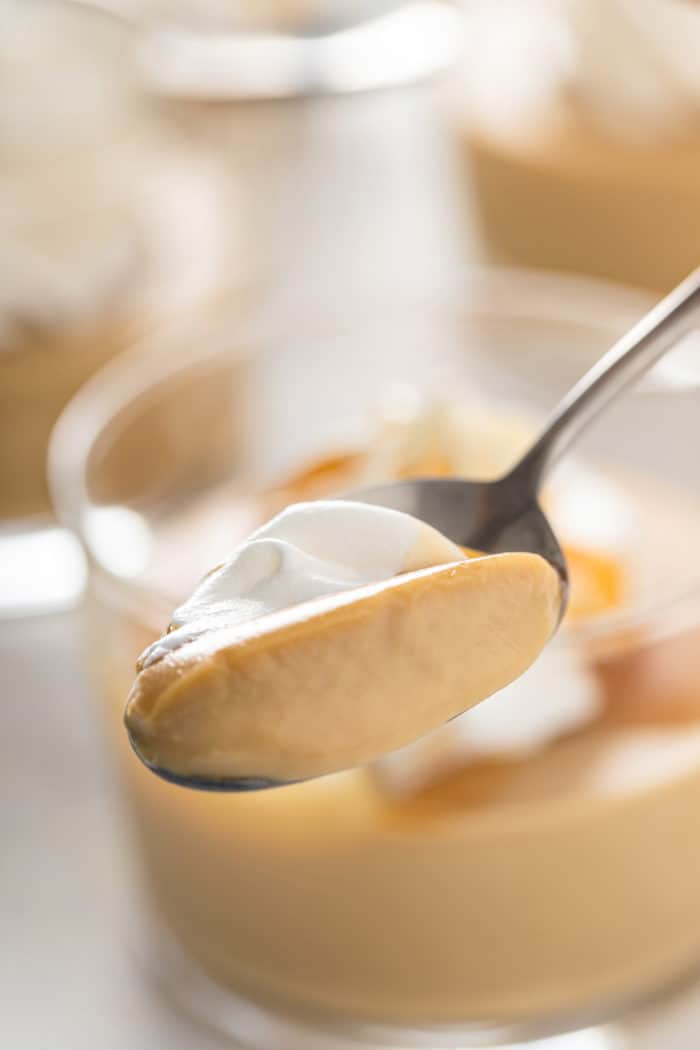Spoon holding up a bite of butterscotch pudding to the camera.