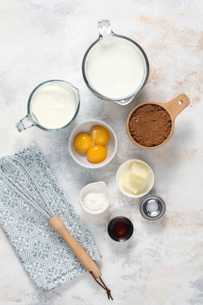 Ingredients for butterscotch pudding arranged on a countertop.