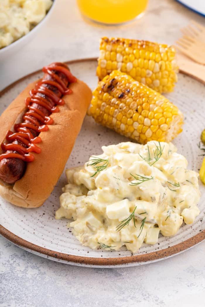 Plate filled with potato salad, a hot dog, and grilled corn.