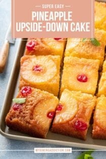 Sliced pineapple upside down cake on a sheet pan. Text overlay includes recipe name.