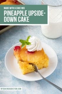 Fork taking a bite of pineapple upside down cake. Text overlay includes recipe name.