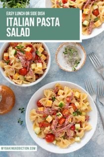 Three small bowls filled with italian pasta salad on a blue countertop. Text overlay includes recipe name.