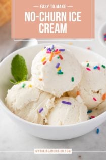 Scoops of vanilla no-churn ice cream in a white bowl, topped with rainbow sprinkles. Text overlay with recipe name included.