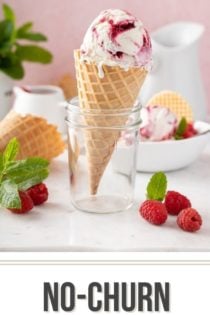 Waffle cone with a scoop of strawberry swirled ice cream propped up in a glass jar. Text overlay includes recipe name.