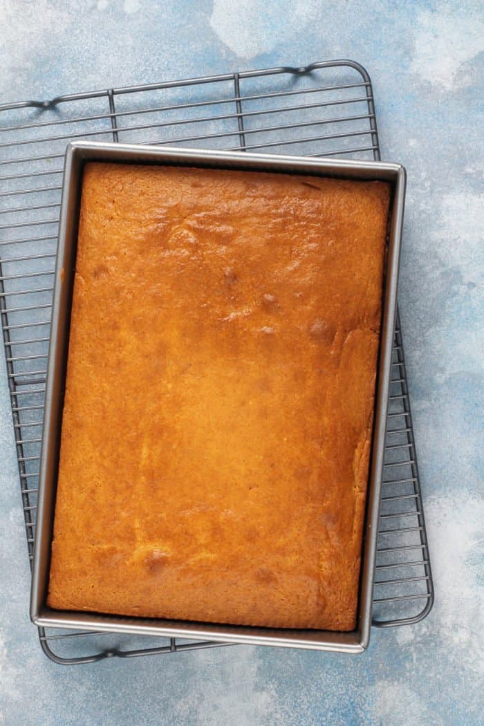 Baked pineapple upside down cake in a cake pan.