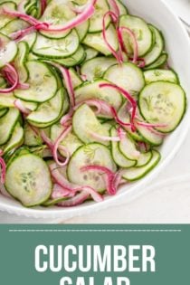 Large white serving bowl filled with cucumber salad. Text overlay includes recipe name.