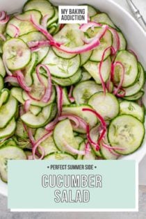 Overhead view of cucumber salad in a white serving bowl. Text overlay includes recipe name.