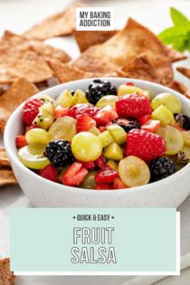 White bowl filled with fruit salsa and surrounded by cinnamon chips. Text overlay includes recipe name.