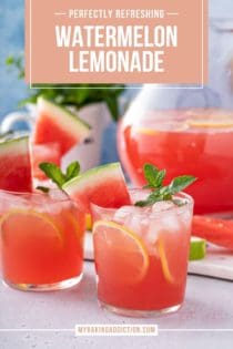 Countertop with several glasses and a pitcher of watermelon lemonade arranged on it. Text overlay includes recipe name.