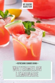 Glasses of watermelon lemonade on a gray countertop with a pitcher of the lemonade in the background. Text overlay includes recipe name.