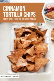 Cinnamon tortilla chips scattered on a white platter. Text overlay includes recipe name.