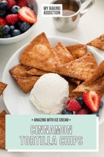 Cinnamon tortilla chips in a bowl alongside a scoop of vanilla ice cream and fresh berries. Text overlay includes recipe name.