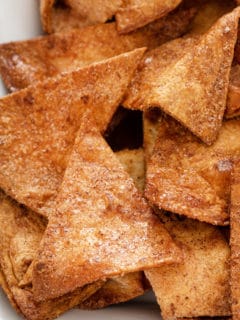 Close up of crunchy cinnamon tortilla chips.