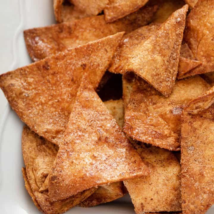 Close up of crunchy cinnamon tortilla chips.