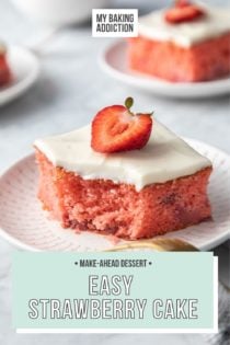 Slice of strawberry cake on a white plate. A bite has been taken from one corner of the cake. Text overlay includes recipe name.