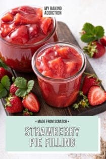 Two jars of strawberry pie filling on a wooden board. Text overlay includes recipe name.