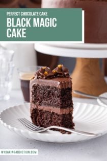 Slice of black magic cake with a bite taken from it. Text overlay includes recipe name.
