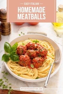 Portioned and rolled meatballs on a lined baking sheet, ready to be baked. Text overlay includes recipe name.