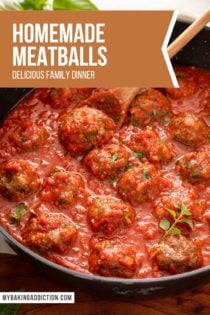 Overhead view of a white oval platter filled with baked homemade meatballs. Text overlay includes recipe name.