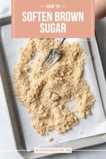 Fork stirring soft brown sugar on a parchment-lined baking sheet. Text overlay includes post name.