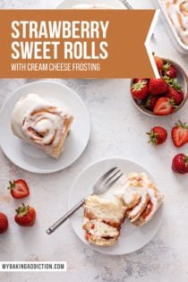 Overhead view of three white plates, each with a strawberry roll. On one of the plates, the roll is cut in half. Text overlay includes recipe name.