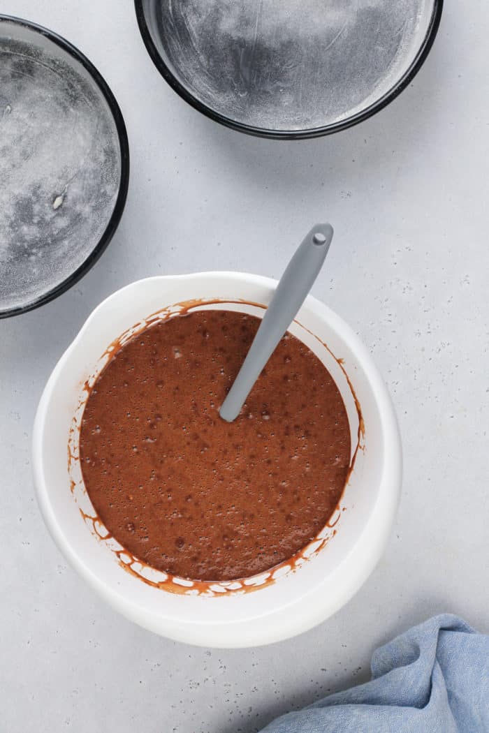 Black magic cake batter in a white mixing bowl.