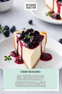 Slice of cheesecake facing the camera, topped with blueberry sauce. Text overlay includes recipe name.