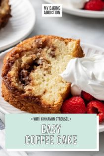 Slice of coffee cake next to fresh berries and whipped cream on a white plate. Text overlay includes recipe name.