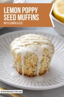 Glazed lemon poppy seed muffin set on a white plate. Text overlay includes recipe name.