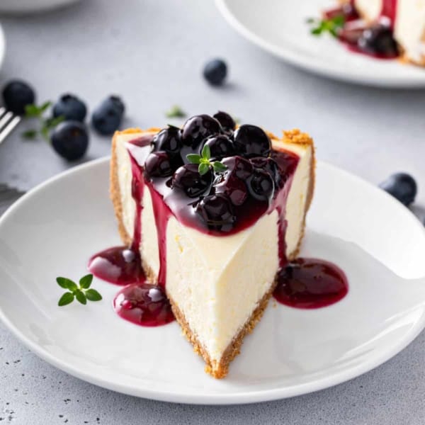 Slice of cheesecake facing the camera, topped with blueberry sauce.