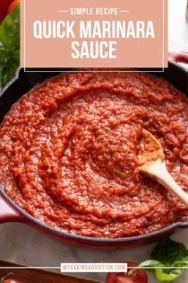 Close up of quick marinara sauce being stirred in a skillet. Text overlay includes recipe name.
