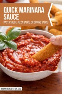Mozzarella stick being dipped into a bowl of quick marinara sauce. Text overlay includes recipe name.