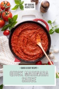 Quick tomato sauce in a skillet, set on a wood and marble board and surrounded by tomatoes, garlic, and basil. Text overlay includes recipe name.