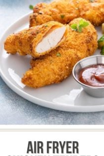 White plate containing air fryer chicken tenders, cooked zucchini, and a ramekin of barbecue sauce. Text overlay includes recipe name.