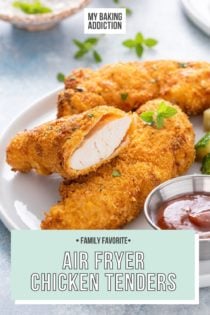 White plate containing air fryer chicken tenders, cooked zucchini, and a ramekin of barbecue sauce. Text overlay includes recipe name.