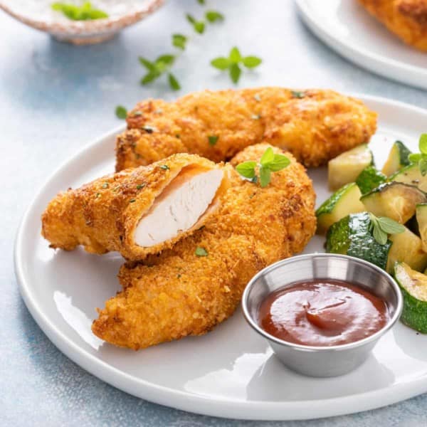 Three air fryer chicken tenders on a white plate next to a ramekin of barbecue sauce. One of the tenders is cut in half.