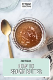 Overhead view of brown butter in a glass jar, set next to a golden spoon. Text overlay includes tutorial name.