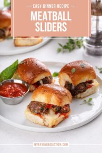 Three meatball sliders arranged on a white plate next to a small ramekin of marinara sauce. Text overlay includes recipe name.