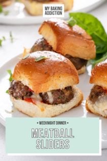 Three meatball sliders and a bowl of marinara sauce on a white plate. Text overlay includes recipe name.