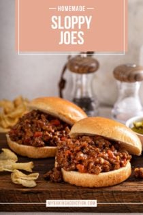 Two sloppy joe sandwiches on a wooden board next to potato chips. Text overlay includes recipe name.
