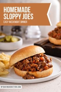 Sloppy joe sandwich on a hamburger bun, set on a white plate next to potato chips. Text overlay includes recipe name.