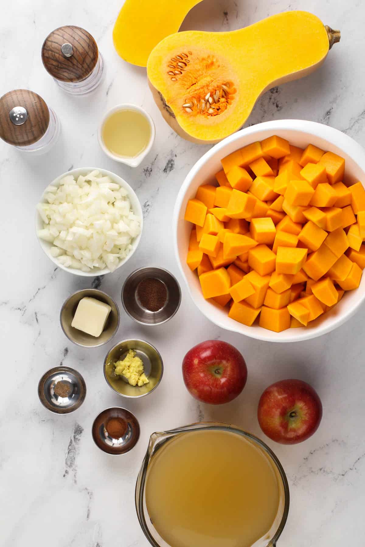 ingredients for butternut squash soup in bowls