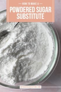 Bowl of powdered sugar with a spoon in it. Text overlay includes tutorial name.