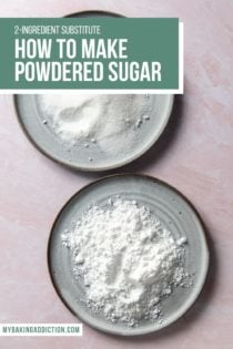 Two stone plates set next to each other. One has granulated sugar on it, the other has powdered sugar on it. Text overlay includes tutorial name.